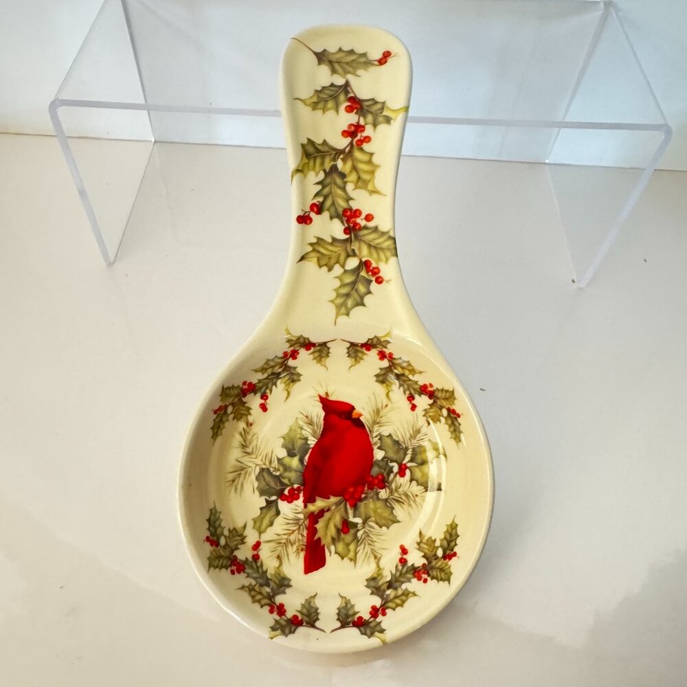 Cracker Barrel Plaid Tidings Cardinal Spoon Rest Stoneware Decorative Collection